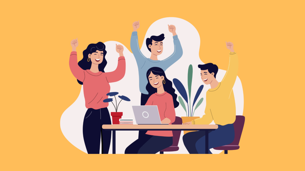 オフィスで喜びあう人々