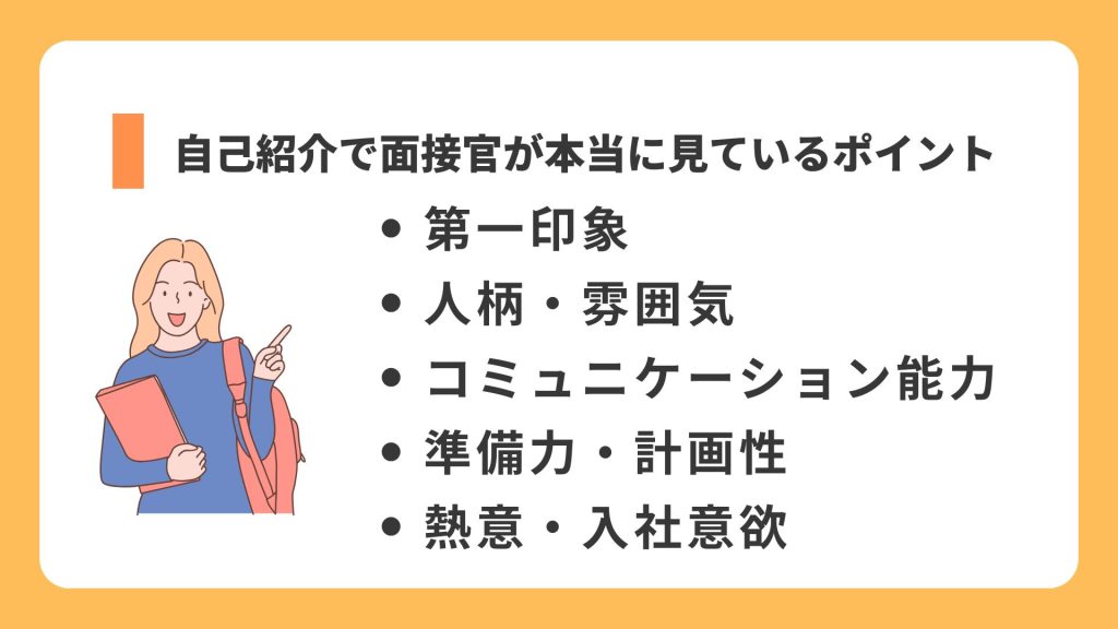新卒面接の自己紹介で面接官が重視するポイントを解説した図解 第一印象 人柄 コミュニケーション能力 準備力 入社意欲を整理した就活対策スライド