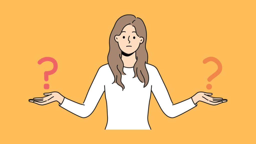 選択に迷う女性のイラスト 両手に疑問を抱えた決断できない心理を表現したビジュアル