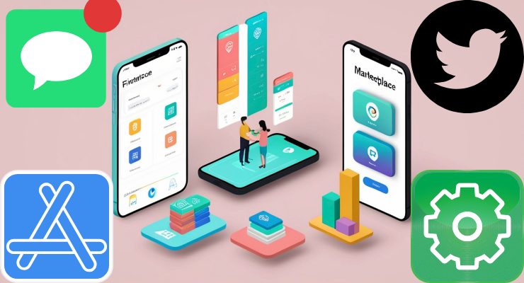 スマホアプリのUI設計とSNS・設定・メッセージ機能のアイコンが並ぶ構成|アプリ開発やモバイルUXデザインのイメージ