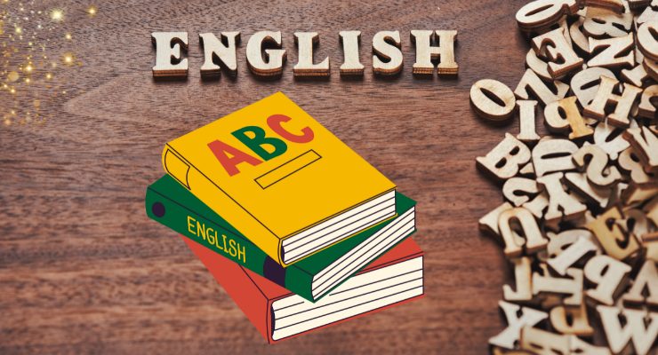 英語の教科書とアルファベットの木製パーツが並ぶデザイン|英語学習や語学教育のイメージ