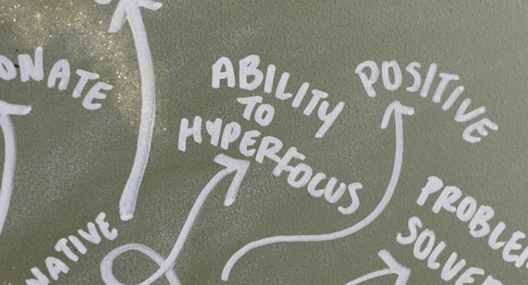 「ABILITY TO HYPERFOCUS」などの特性を示す手書きの英語マインドマップ|ADHDの長所に関する図解イメージ